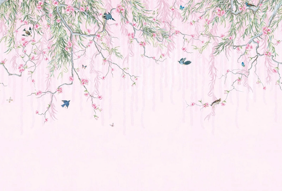 Фотообои на стену - шинуазри, ветки, свисающие, розовая, листья