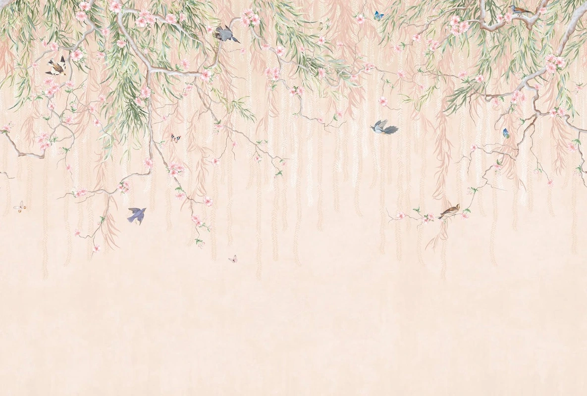 Фотообои на стену - шинуазри, ветки, свисающие, листья, персиковая, абрикосовая