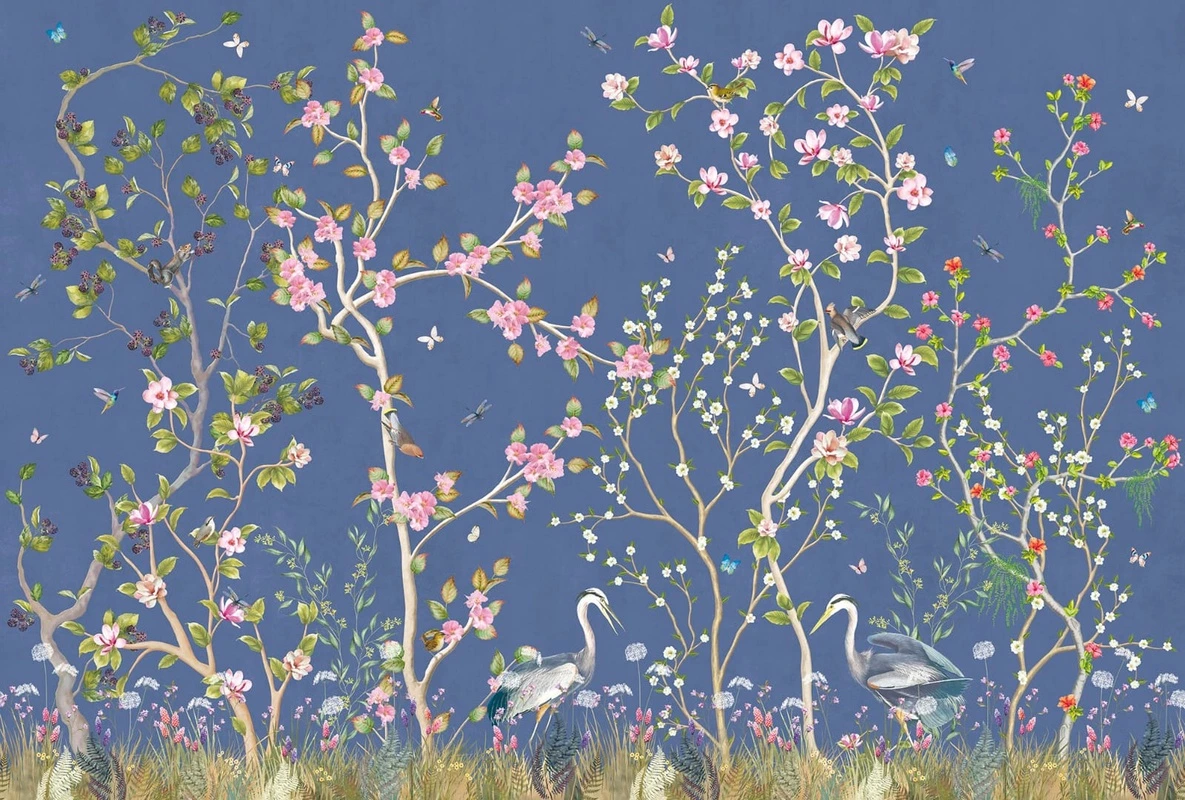Фотообои на стену - шинуазри, сад, сады, синий, на синем фоне, розовая, с цветами