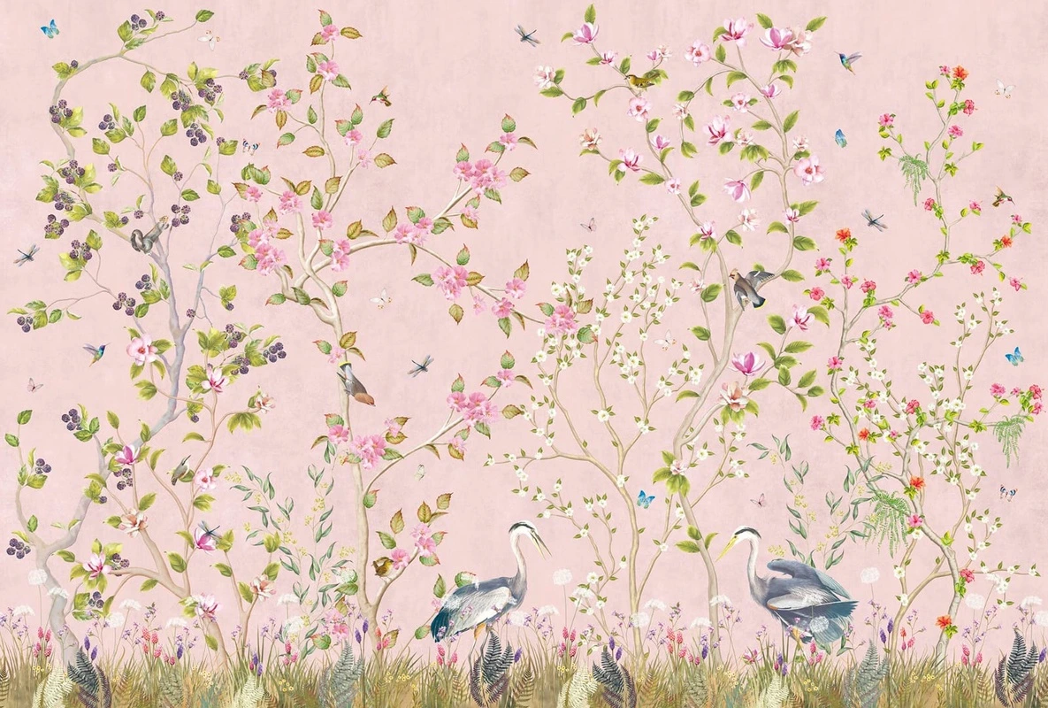 Фотообои на стену - шинуазри, сад, розовая, яркие, ярко розовая, с цветами