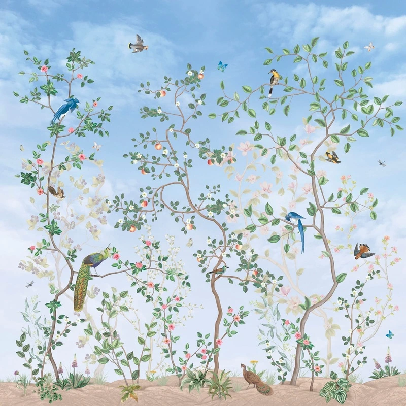 Фотообои на стену - шинуазри, сад, небо с облаками, деревья, зеленая, птицы, голубая