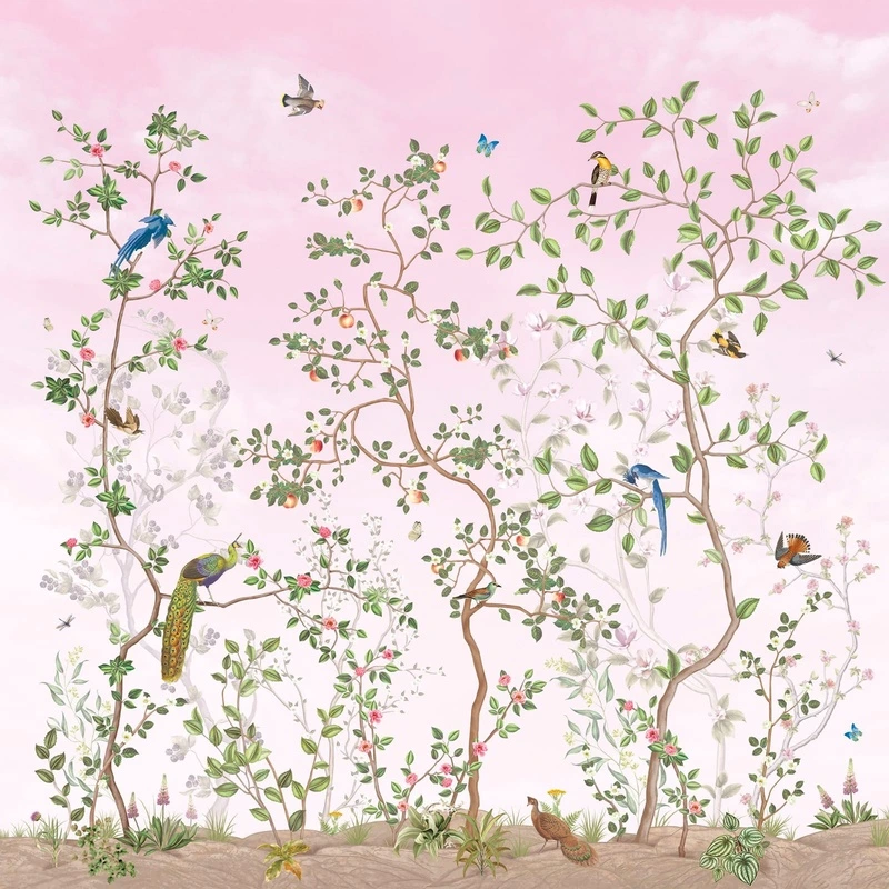 Фотообои на стену - шинуазри, сад, сиренево-розовая, деревья, птицы, плоды