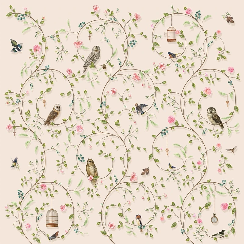 Фотообои на стену - шинуазри, сад, светло персиковая, птицы, совы, узор, ветки