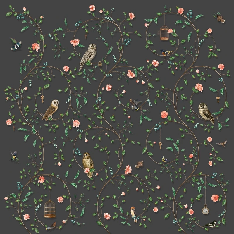 Фотообои на стену - шинуазри, сад, темные, на черном фоне, узор, ветки, птицы, совы