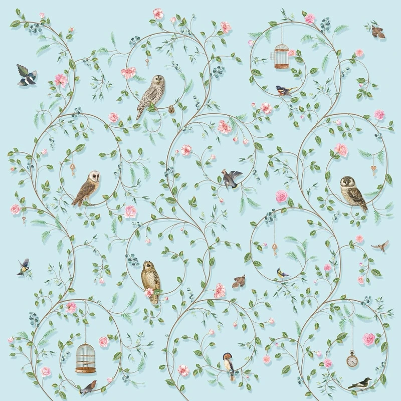 Фотообои на стену - шинуазри, сад, светлые, голубая, птицы, узор, ветки, совы