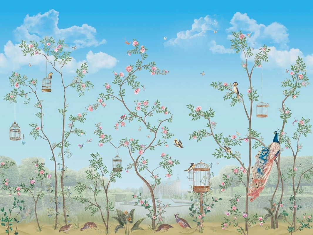Фотообои на стену - шинуазри, сад, голубое небо, облака на небе, птицы, деревья, кусты, голубая, зеленая