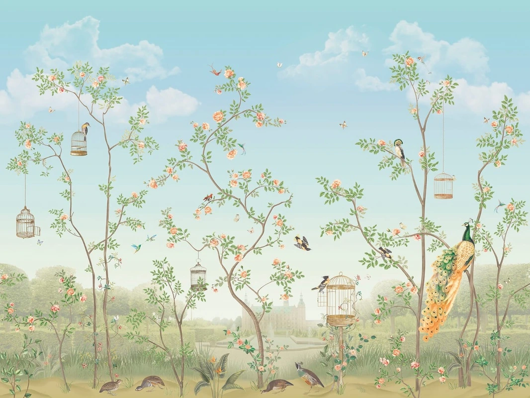 Фотообои на стену - шинуазри, сад, нежно голубая, небо с облаками, птицы, деревья, кусты, светло голубая