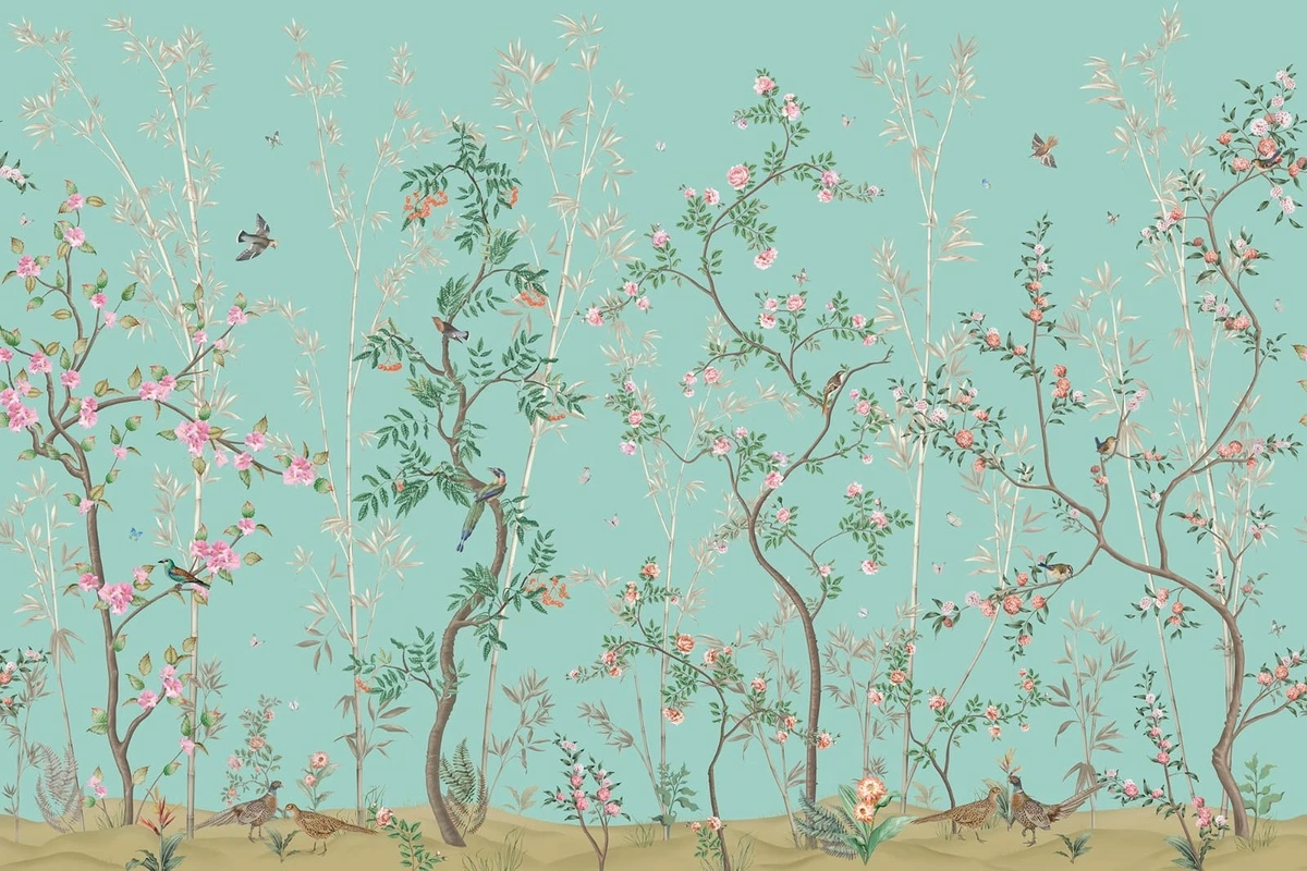 Фотообои на стену - шинуазри, зеленая, бирюзовая, деревья, розовые цветы