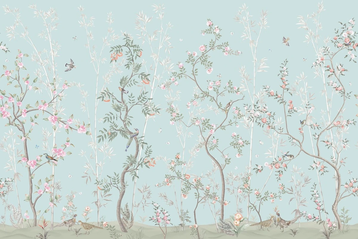 Фотообои на стену - шинуазри, голубая, деревья, розовые цветы