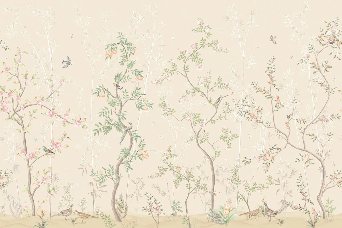 Фотообои на стену - шинуазри, персиковая, деревья, розовые цветы