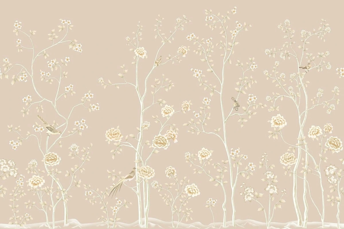 Фотообои на стену - шинуазри, бежевые, розово-бежевая, деревья, розы, птицы