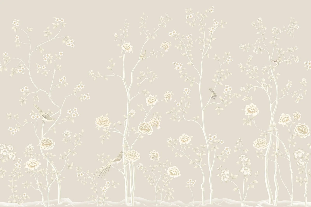 Фотообои на стену - шинуазри, бежевые, светло бежевая, деревья, розы, птицы