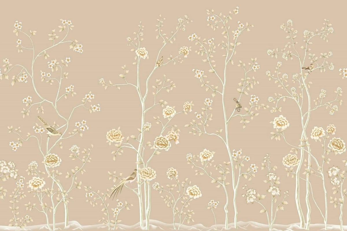 Фотообои на стену - шинуазри, бежевые, темно бежевая, деревья, розы, птицы