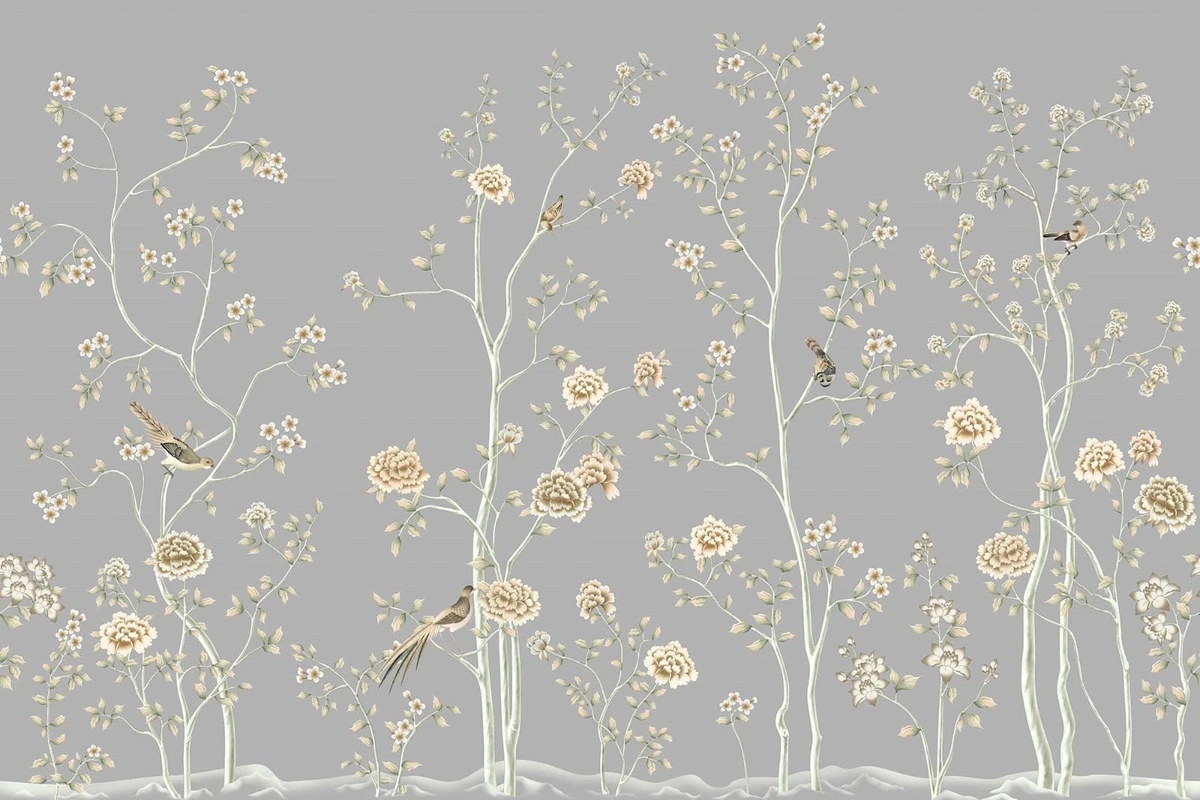 Фотообои на стену - шинуазри, серая, деревья, розы, птицы