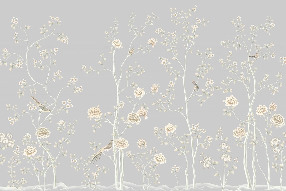 Фотообои на стену - шинуазри, серые, светло серая, деревья, розы, птицы
