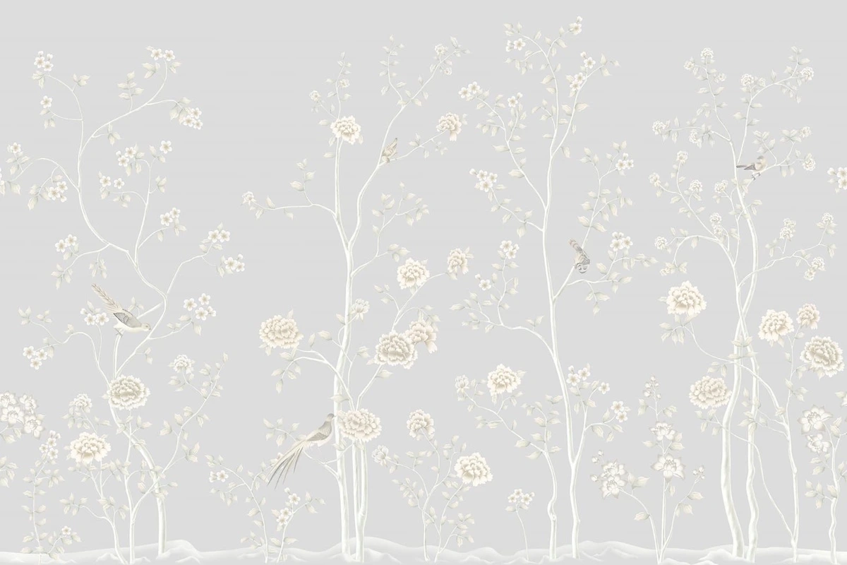 Фотообои на стену - шинуазри, бело-серая, серые, деревья, розы, птицы