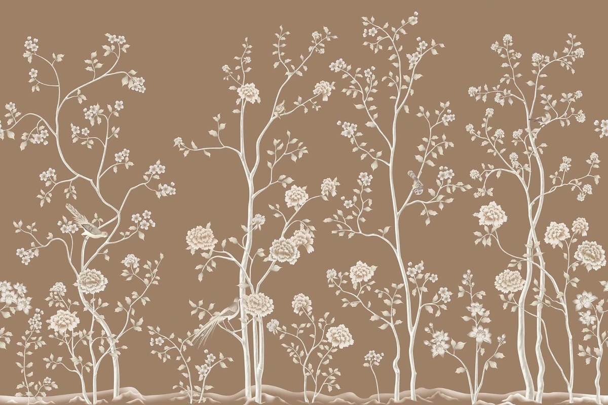 Фотообои на стену - шинуазри, коричневая, цвета кофе, кофейная, деревья, розы, птицы