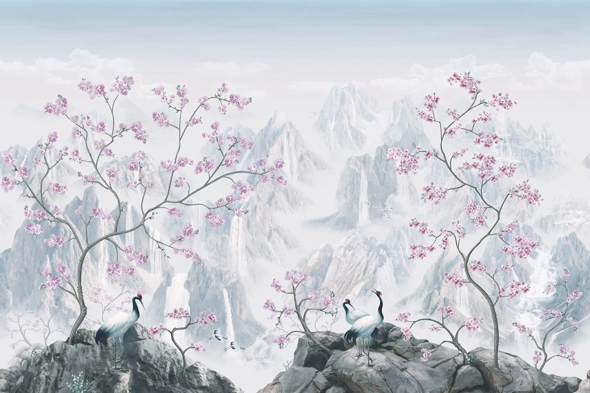 Фотообои на стену - шинуазри, сакура, дерево, горы, голубая, японская, китайская