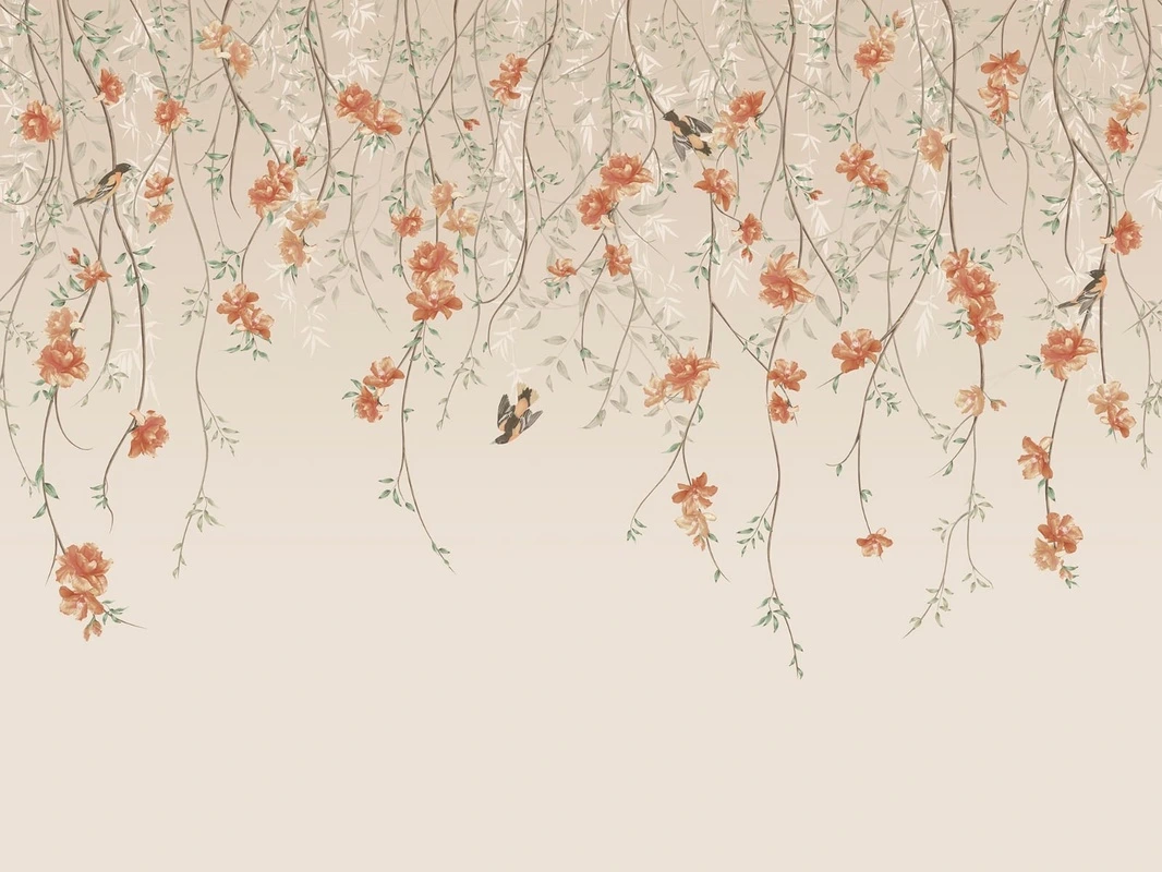 Фотообои на стену - шинуазри, ветки, свисающие, птицы, розовая