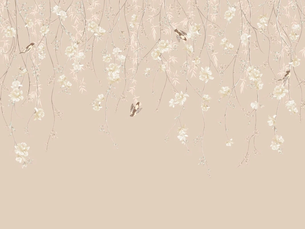 Фотообои на стену - шинуазри, свисающие, бежевые, белые, с птицами