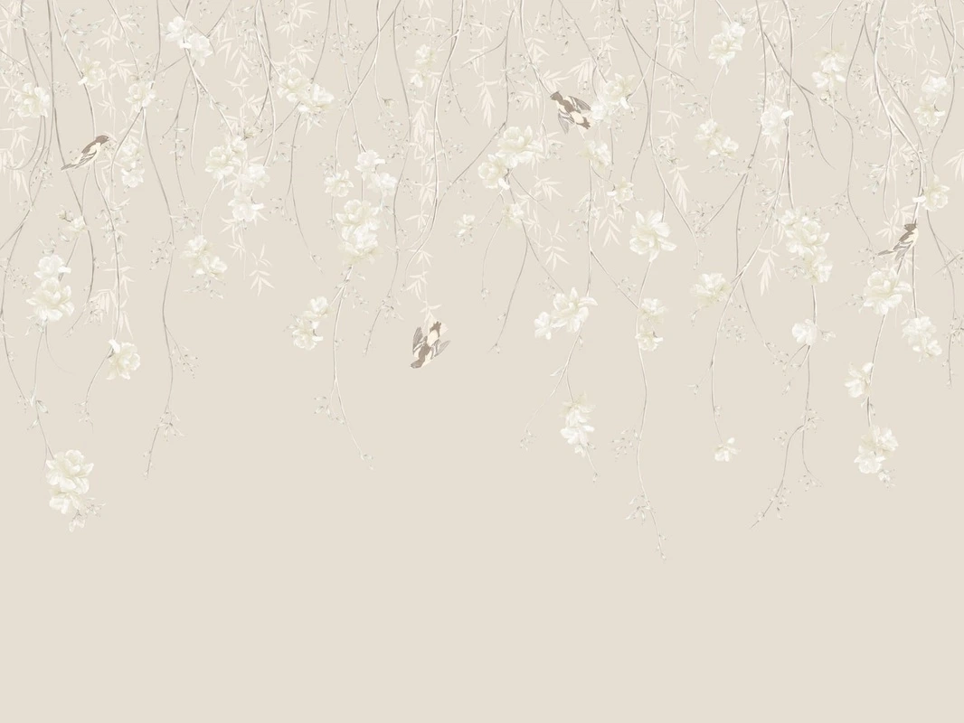 Фотообои на стену - шинуазри, свисающие, бежевые, светло бежевая, белые, с птицами