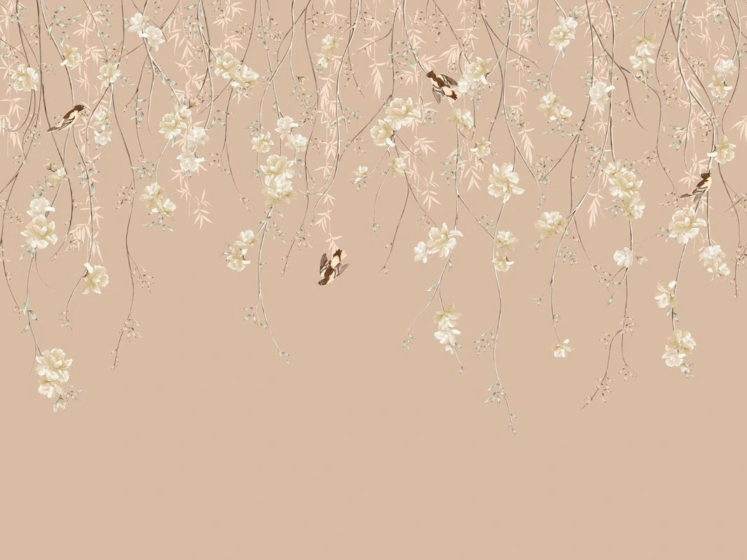 Фотообои на стену - шинуазри, свисающие, кофейная, цвета кофе с молоком, с птицами