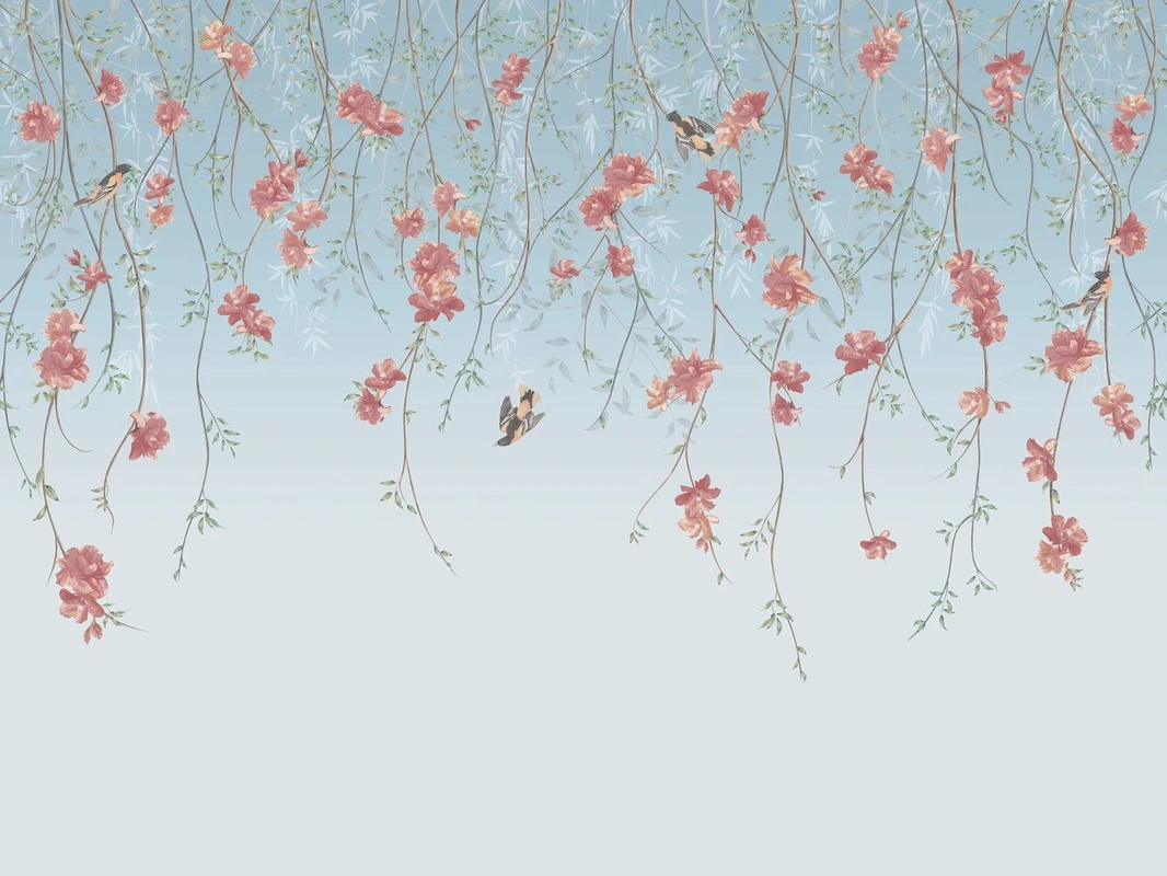 Фотообои на стену - шинуазри, свисающие, яркие, голубая, красная, с птицами