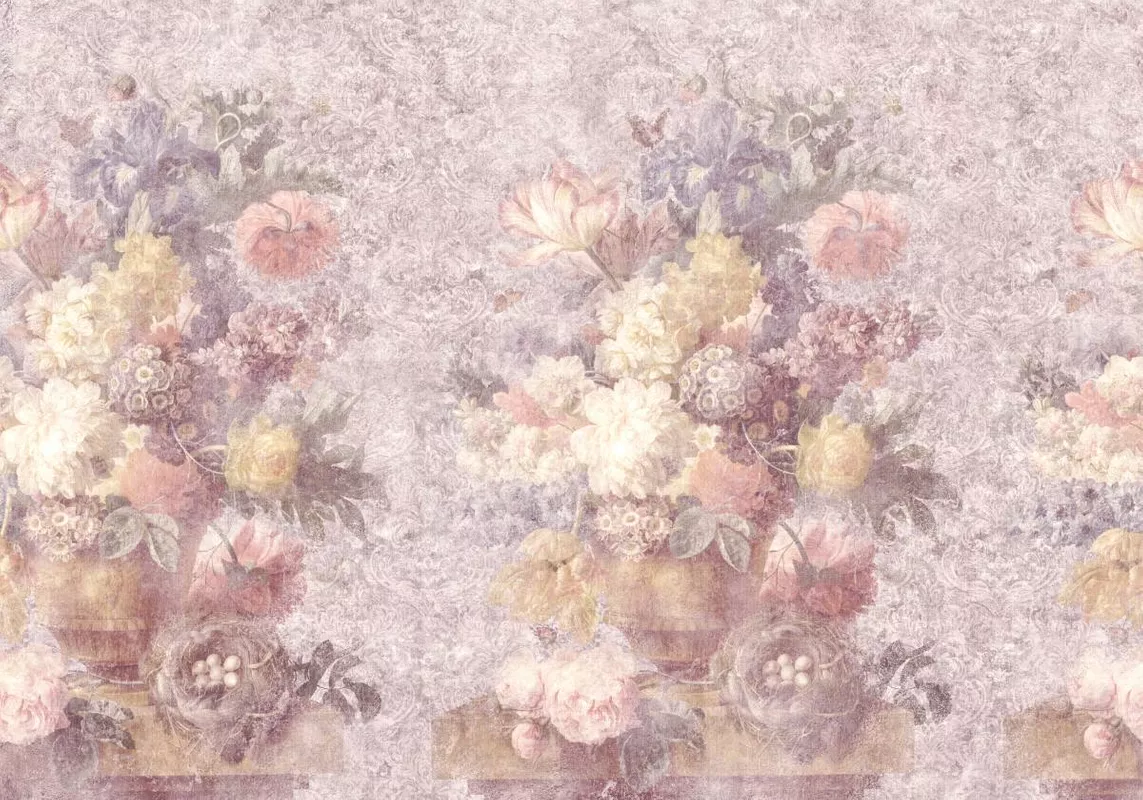 Фотообои и фрески на стену - ваза с цветами, анемоны, натюрморт, роза, анемон, ирис, светлые, стол, цветы, ирисы, розовые, розы, ваза