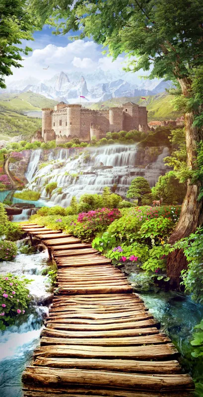 Фотообои и фрески на стену - зелень, природа, растения, мост, здание, деревья, горы, крепость, водопады