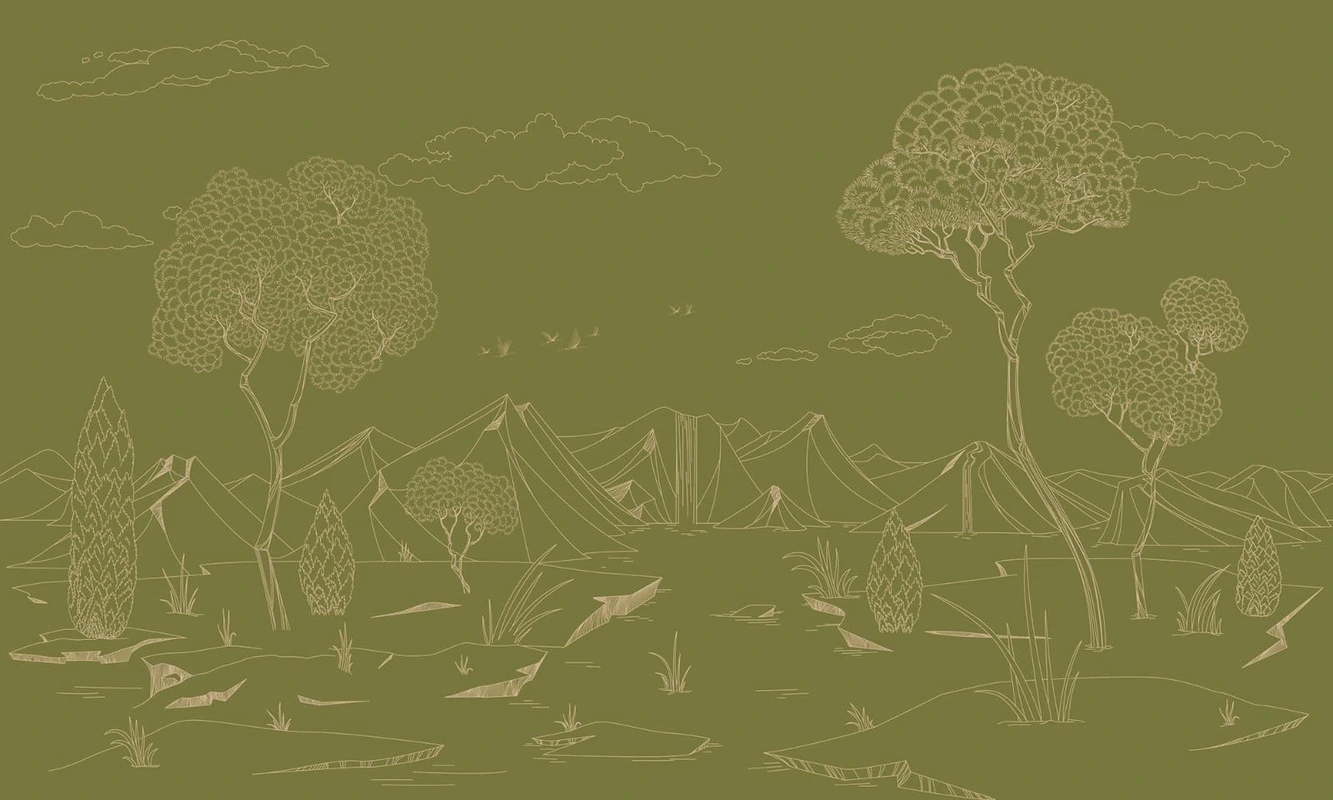 Фотообои на стену - графика, болотная, темные, горы, деревья