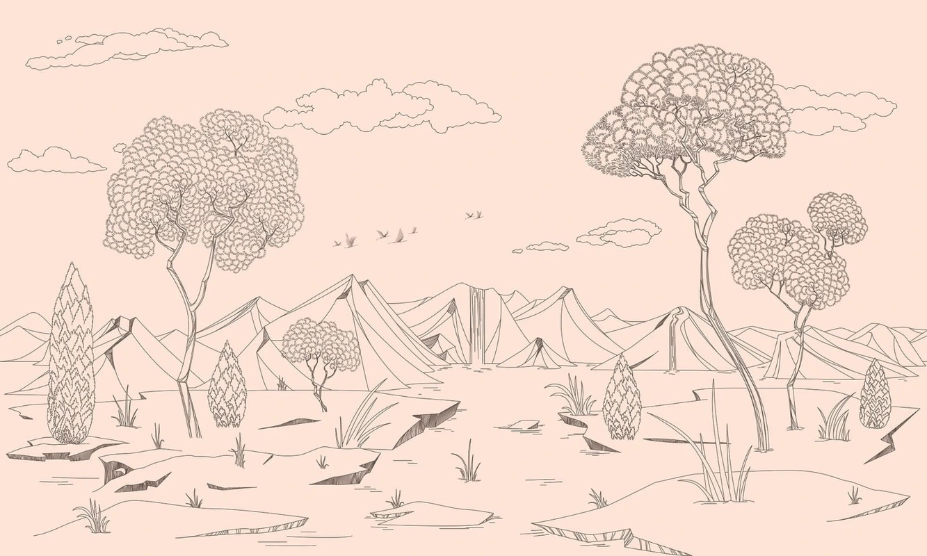 Фотообои на стену - графика, персиковая, розовая, горы, деревья