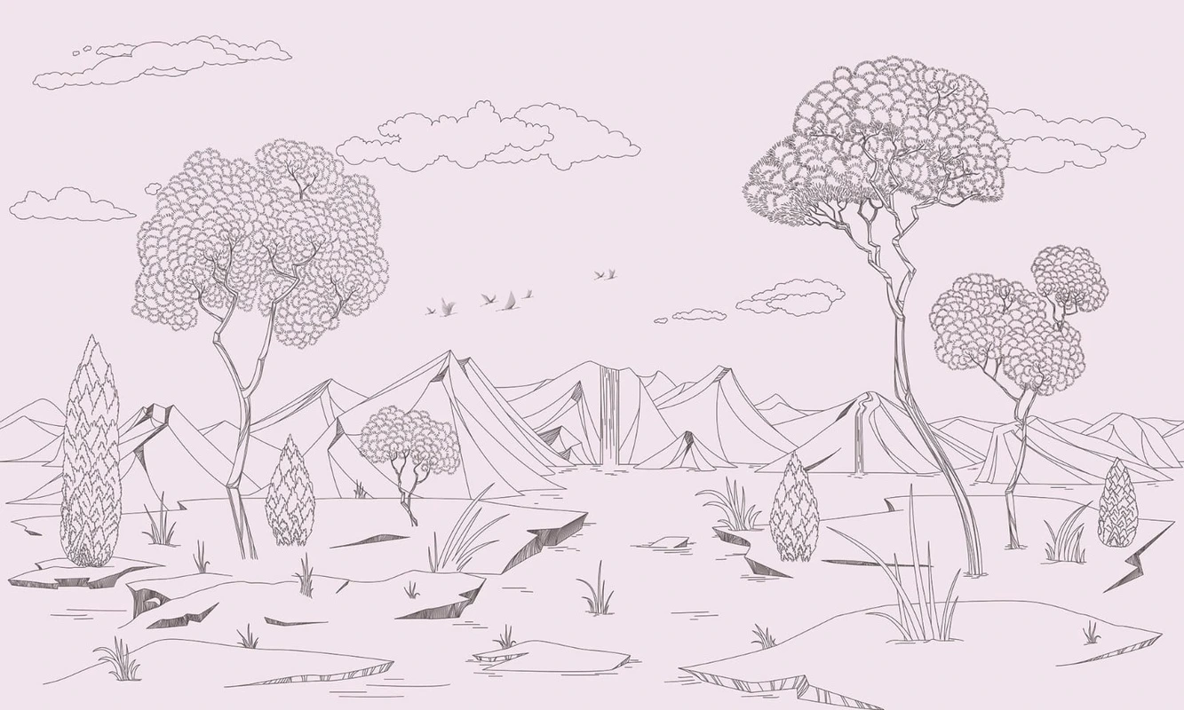 Фотообои на стену - графика, сиреневая, светлая, горы, деревья