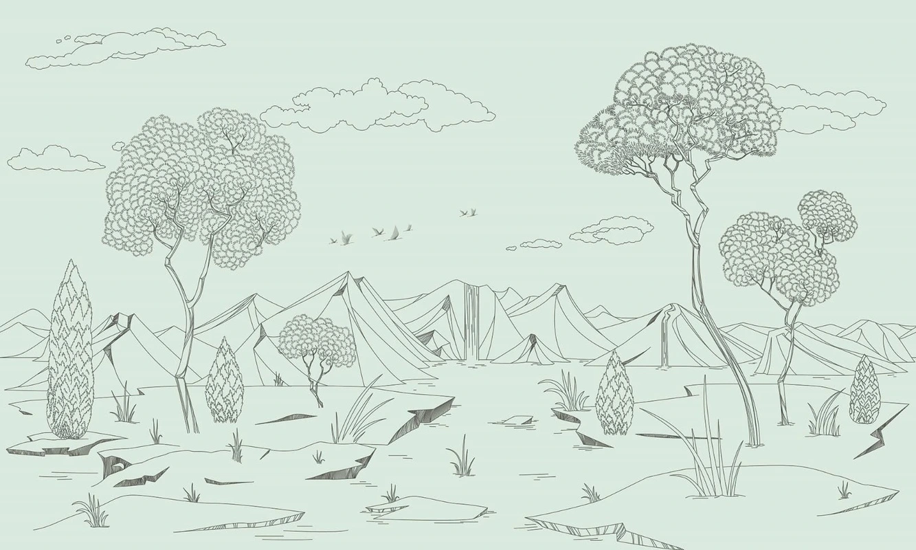 Фотообои на стену - графика, зеленая, салатовая, светлые, горы, деревья