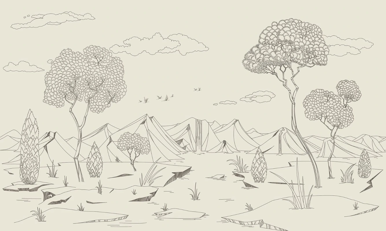 Фотообои на стену - графика, бежевые, светло бежевая, бежево-розовая, горы, деревья