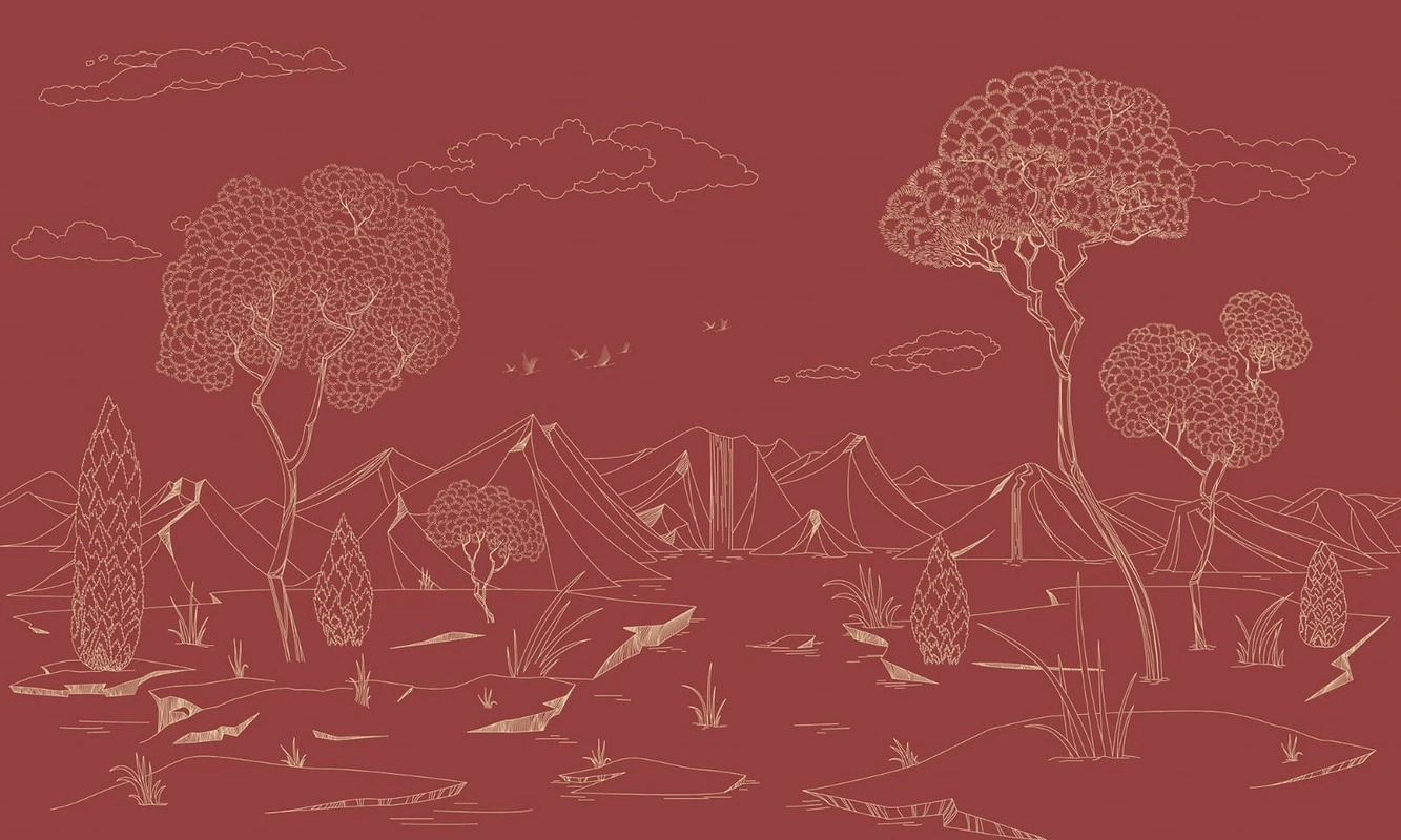 Фотообои на стену - графика, линии, бордовая, ягодная, горы, деревья