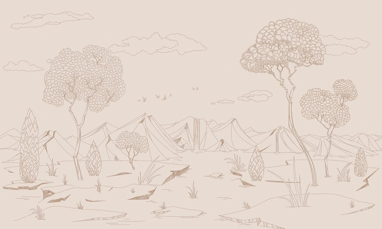 Фотообои на стену - графика, розовая, бежево-розовая, линии, горы, деревья