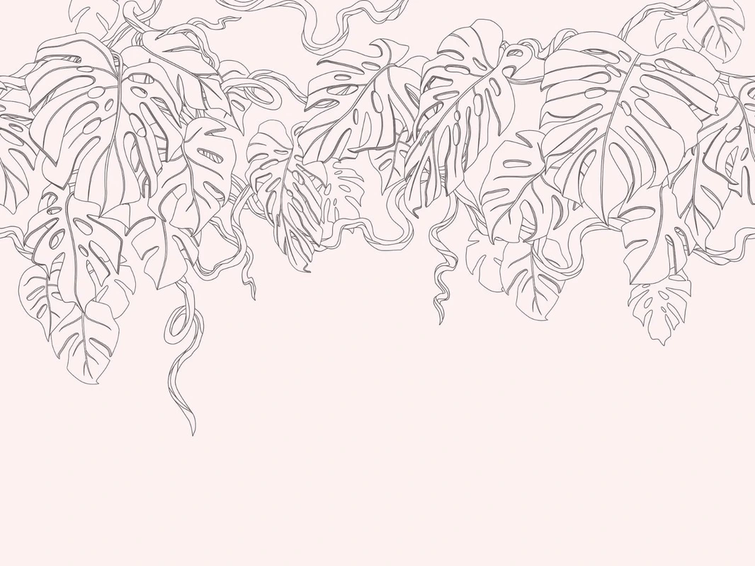 Фотообои на стену - графика, светло розовая, серая, светлые, листья, тропические