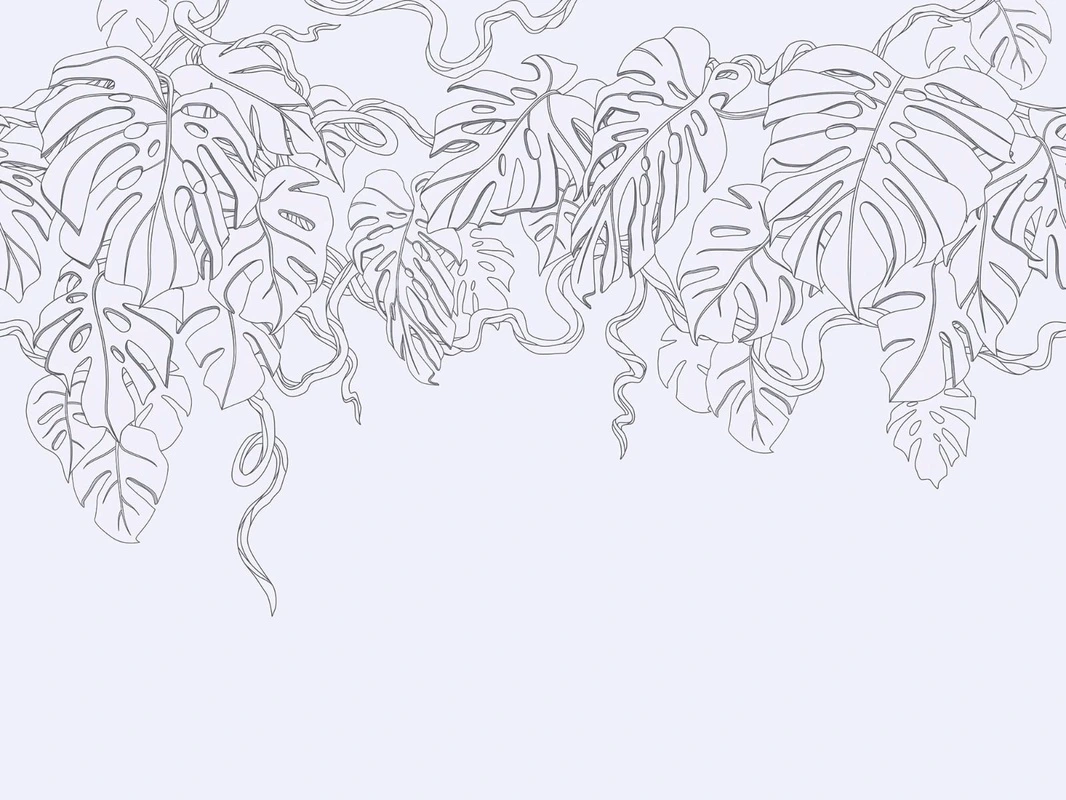 Фотообои на стену - графика, серо-сиреневая, светлые, листья, тропические, свисающие