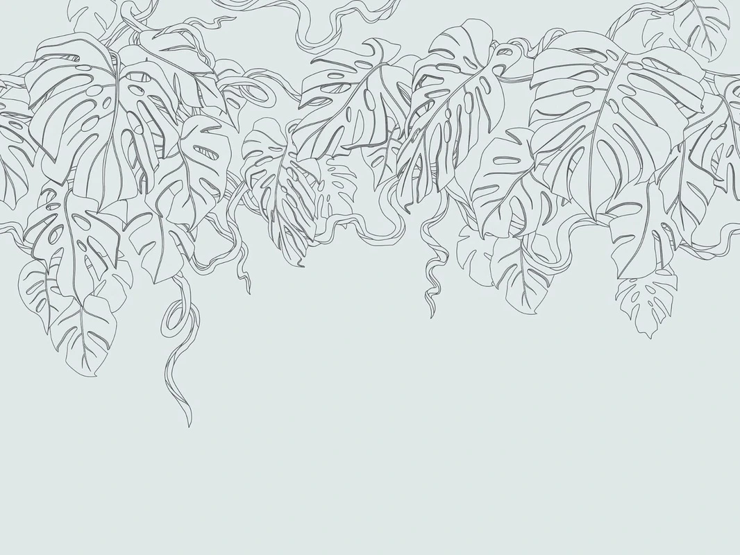 Фотообои на стену - графика, серая, серо голубая, линии, листья, тропические, свисающие