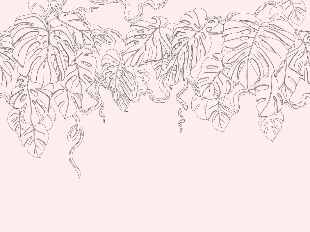 Фотообои на стену - графика, розовая, серая, листья, тропические, свисающие