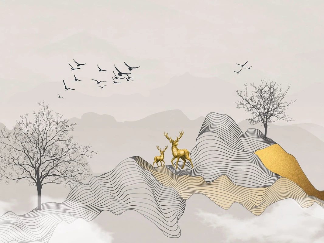 Фотообои на стену - графика, горы, дерево, олень, золотые линии, черные линии, с золотом