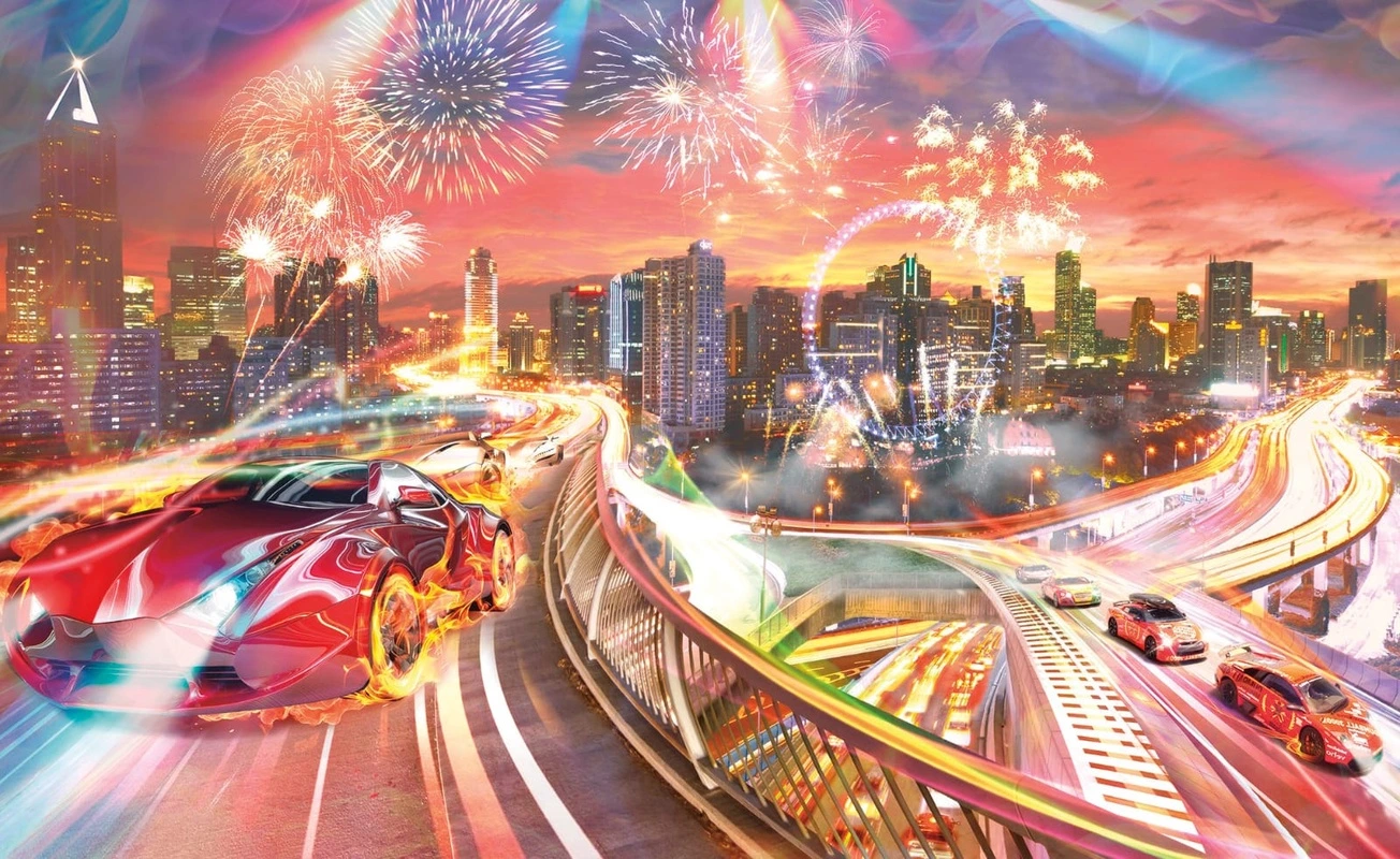 Фотообои на стену - в детскую комнату, машина, красная, мегаполис