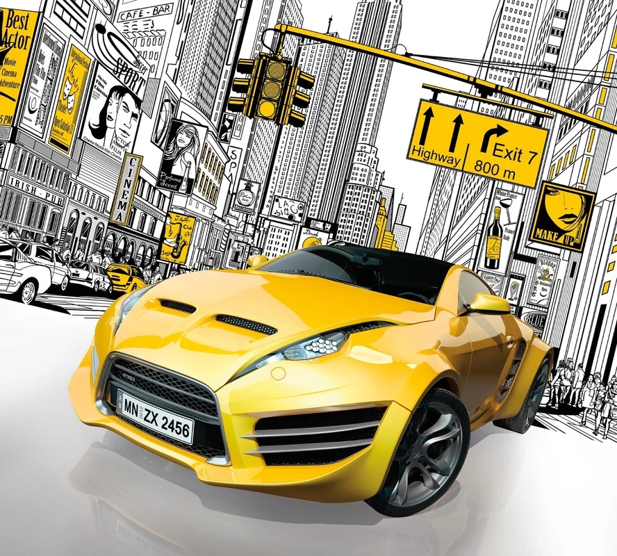 Фотообои и фрески на стену - в детскую комнату, машина, желтая, сити, мегаполис