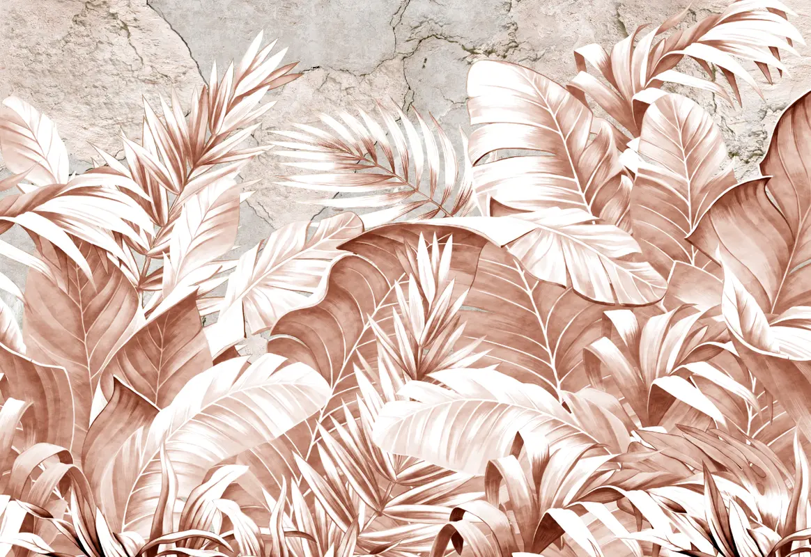 Фотообои и фрески на стену - тропические листья, тропики, растения, стена, каменная стена, джунгли, пальма, трещины, пальмовые листья, природа, камень, листья