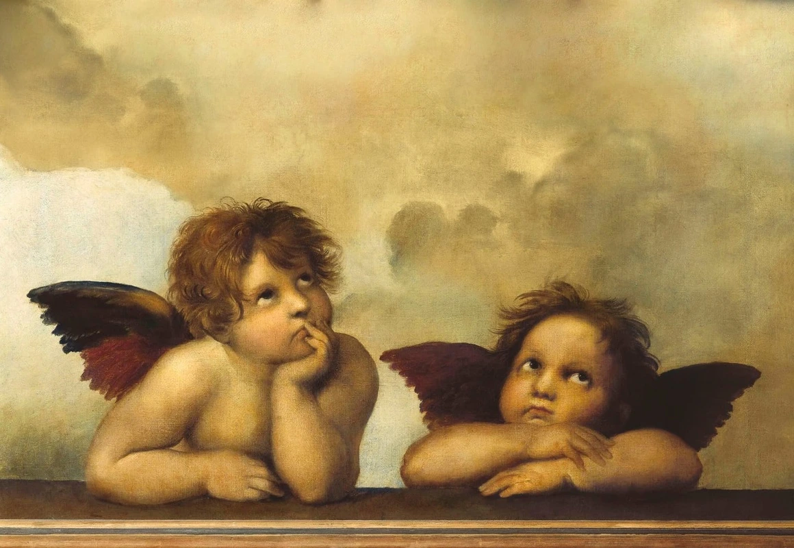 Фотообои и фрески на стену - живопись, ангелы, два ангела, бежевые