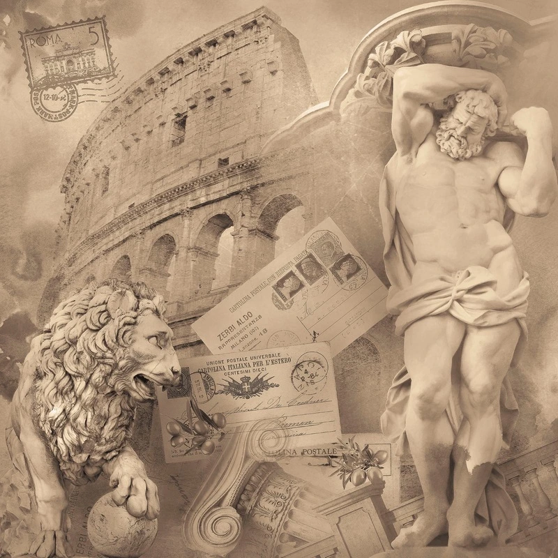 Фотообои на стену - графика, в загородный дом, развалины, атлант, лев, коллизей