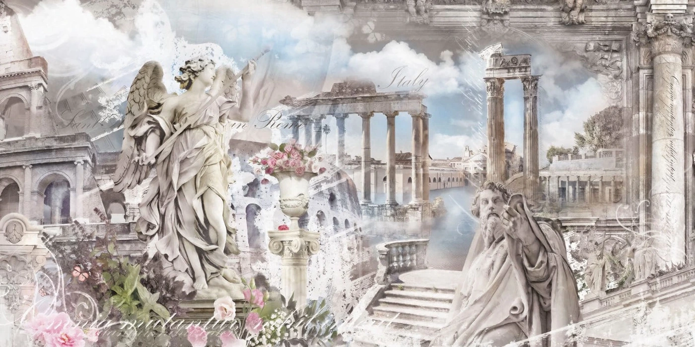 Фотообои на стену - графика, в загородный дом, развалины, колонны, фигуры