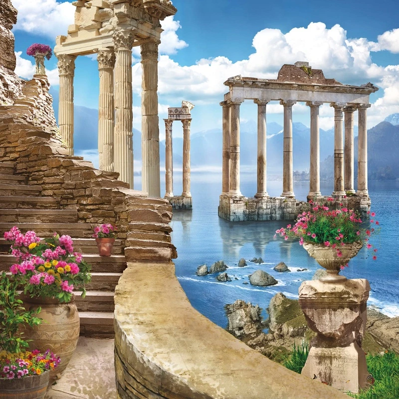 Фотообои на стену - пейзаж, в загородный дом, колонны, море, яркие