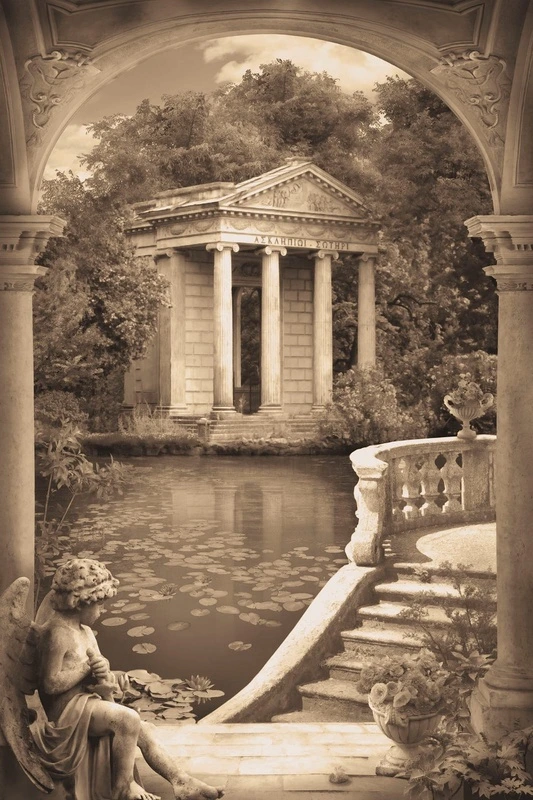 Фотообои на стену - пейзаж, арка, пруд, развалины, бежевые