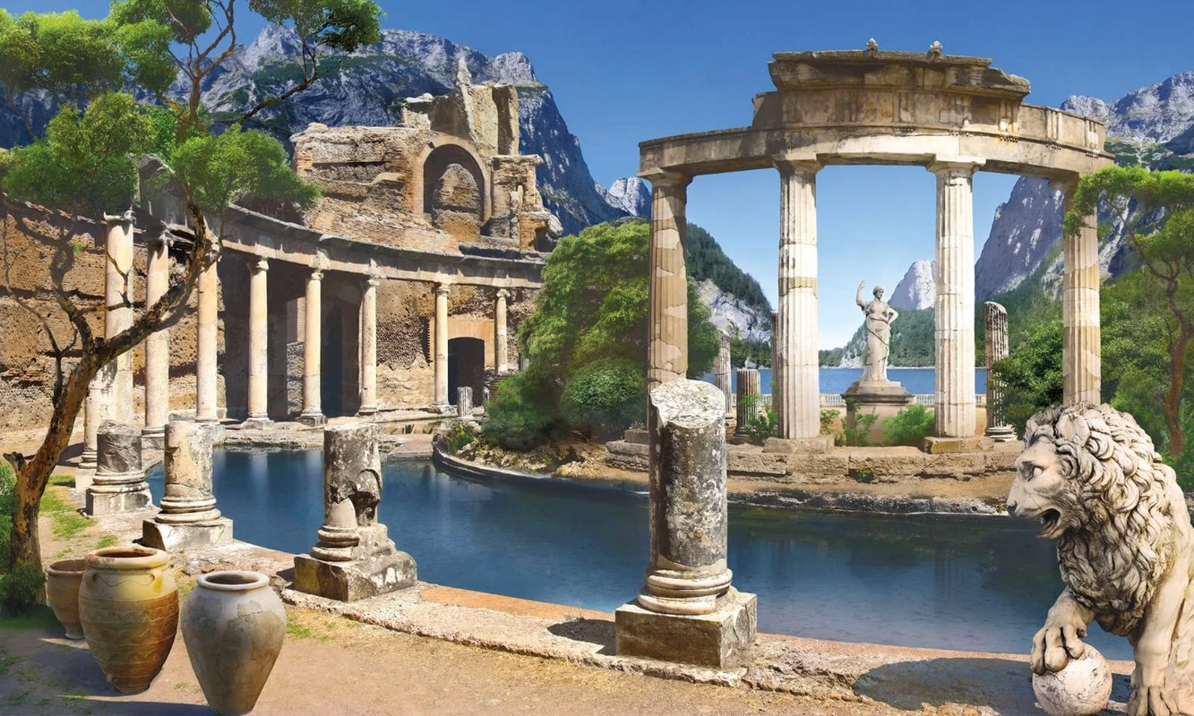 Фотообои и фрески на стену - пейзаж, колонны, развалины, яркие